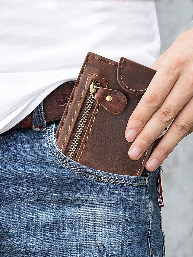 Men’s Vintage Brown Leather Wallet with Zipper Pocket - Image 2