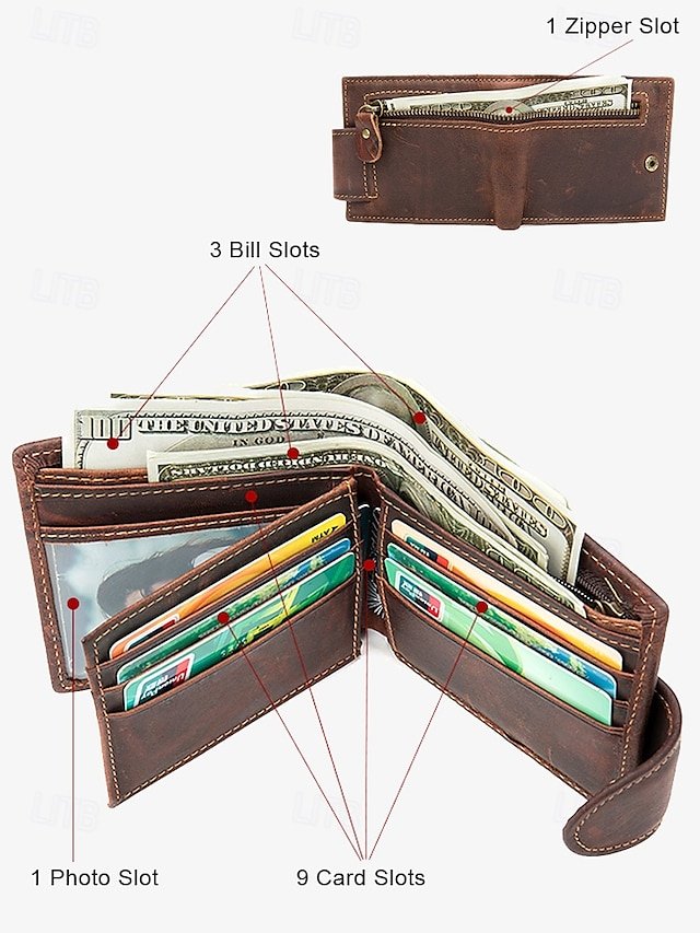 Men’s Vintage Brown Leather Wallet with Zipper Pocket - Image 3
