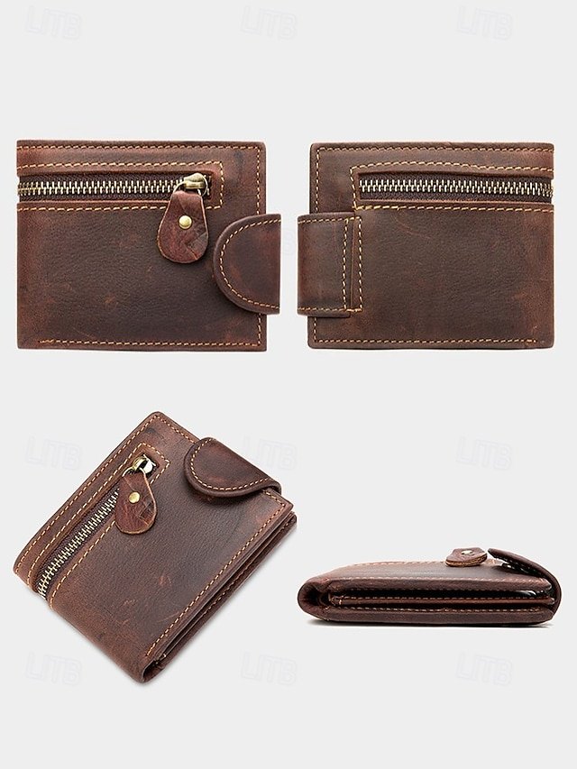 Men’s Vintage Brown Leather Wallet with Zipper Pocket - Image 4