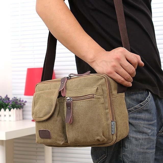 Men’s Vintage Canvas Crossbody Messenger Bag in Khaki - Image 7