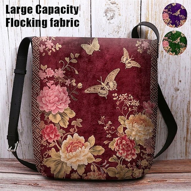 Vintage Floral Crossbody Bag with Butterfly Print