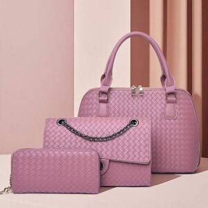 Women’s 3-Piece Brown Woven Faux Leather Handbag Set