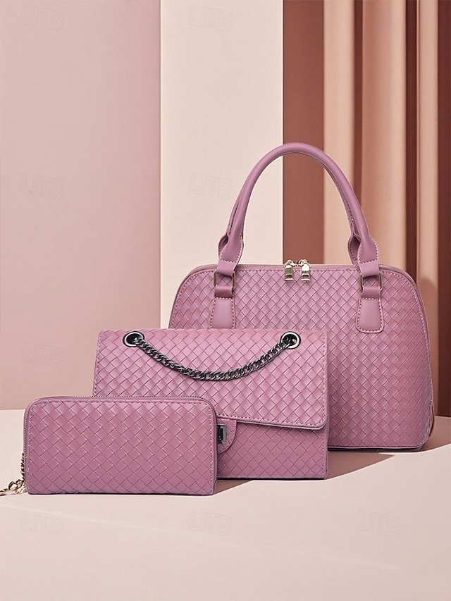 Women’s 3-Piece Brown Woven Faux Leather Handbag Set