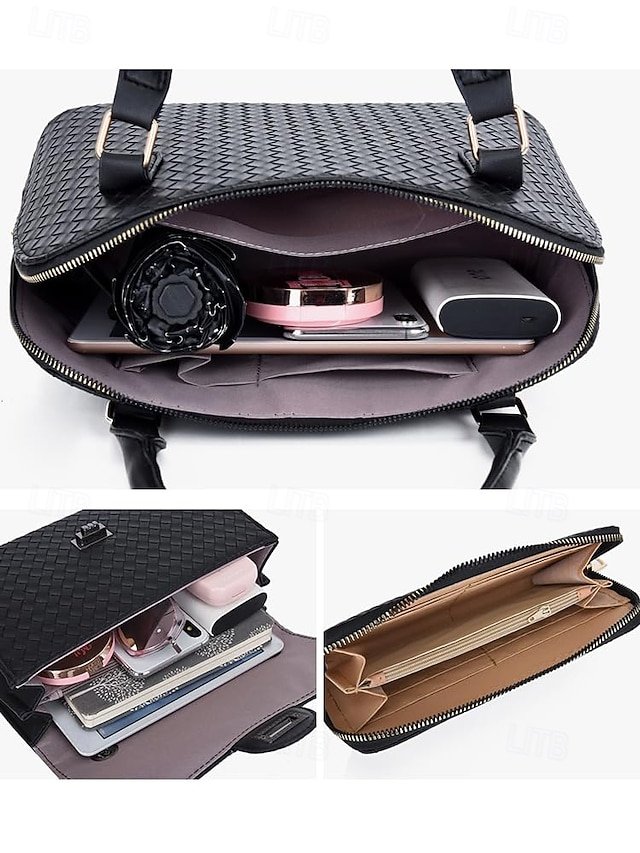 Women’s 3-Piece Brown Woven Faux Leather Handbag Set - Image 7