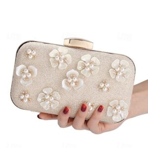 Women’s 3D Floral Clutch with Pearl Accents and Gold Chain