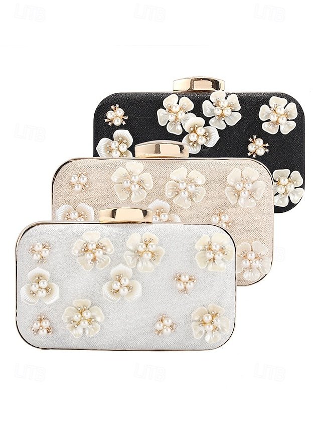 Women’s 3D Floral Clutch with Pearl Accents and Gold Chain - Image 3