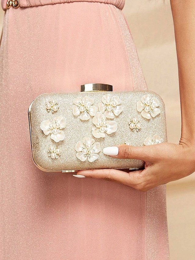 Women’s 3D Floral Clutch with Pearl Accents and Gold Chain - Image 4