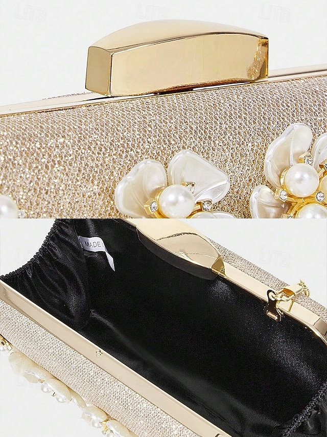 Women’s 3D Floral Clutch with Pearl Accents and Gold Chain - Image 6