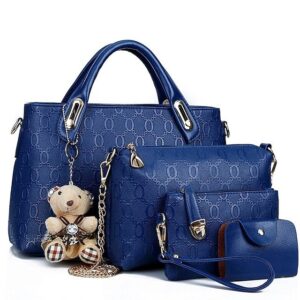 Women’s 4-Piece Blue Handbag Set with Teddy Bear Charm