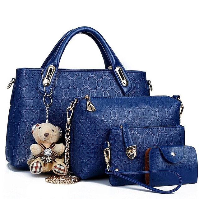 Women’s 4-Piece Blue Handbag Set with Teddy Bear Charm