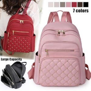 Women’s Beige Quilted Backpack with Gold Studs
