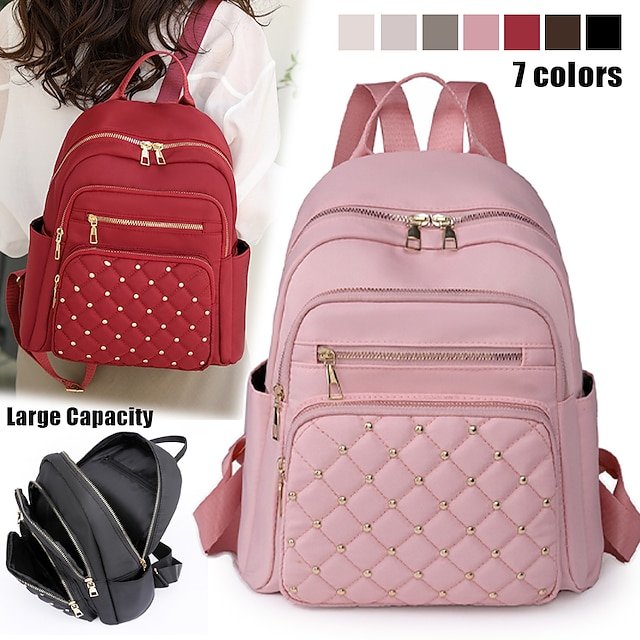 Women’s Beige Quilted Backpack with Gold Studs