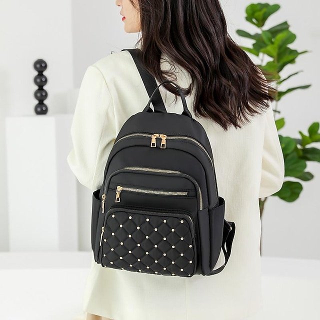 Women’s Beige Quilted Backpack with Gold Studs - Image 6
