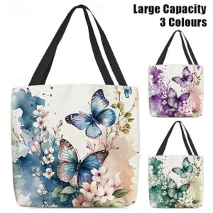 Women’s Butterfly Print Canvas Tote Bag with Floral Design
