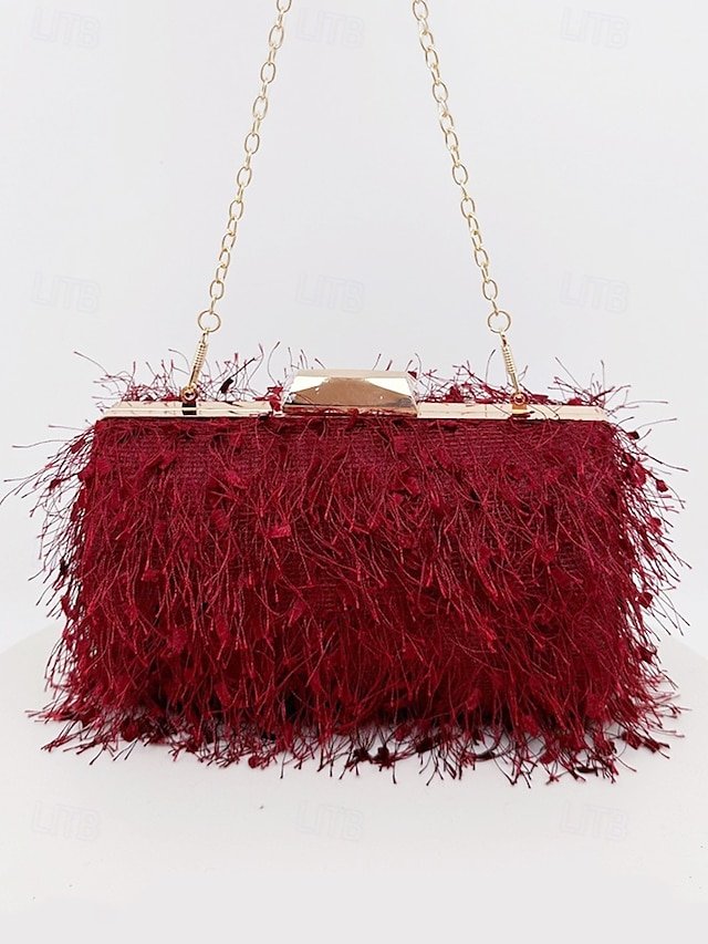 Women’s Chic Feathered Evening Clutch with Chain Strap