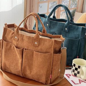Women’s Corduroy Tote Bag with Multiple Pockets