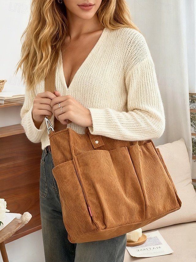 Women’s Corduroy Tote Bag with Multiple Pockets - Image 2
