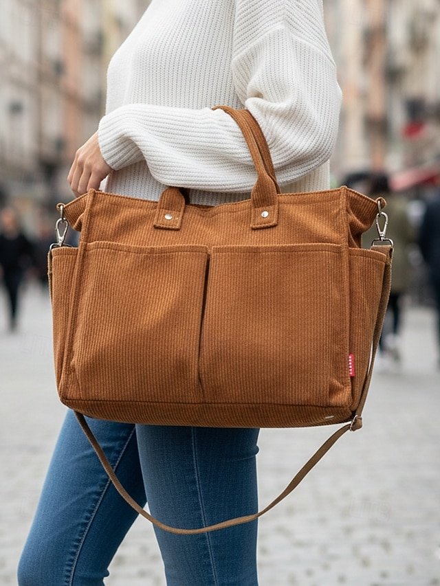 Women’s Corduroy Tote Bag with Multiple Pockets - Image 3