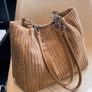 Women’s Corduroy Tote Shoulder Bag with Leather Straps