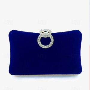 Women’s Elegant Blue Velvet Clutch Bag with Rhinestone Ring