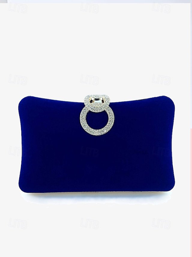Women’s Elegant Blue Velvet Clutch Bag with Rhinestone Ring
