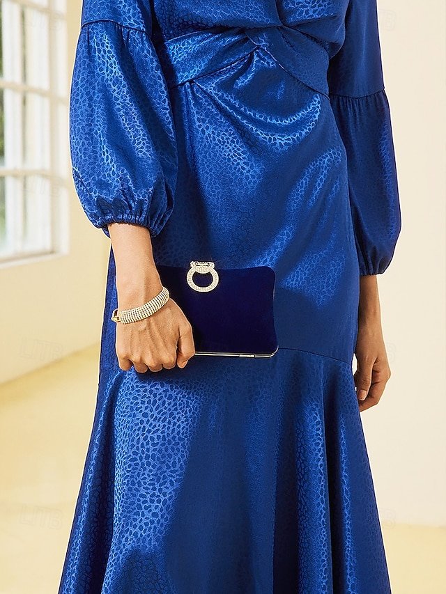 Women’s Elegant Blue Velvet Clutch Bag with Rhinestone Ring - Image 3