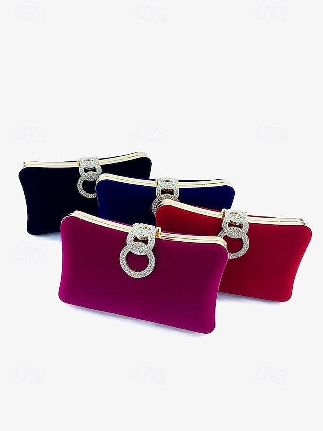 Women’s Elegant Blue Velvet Clutch Bag with Rhinestone Ring - Image 4