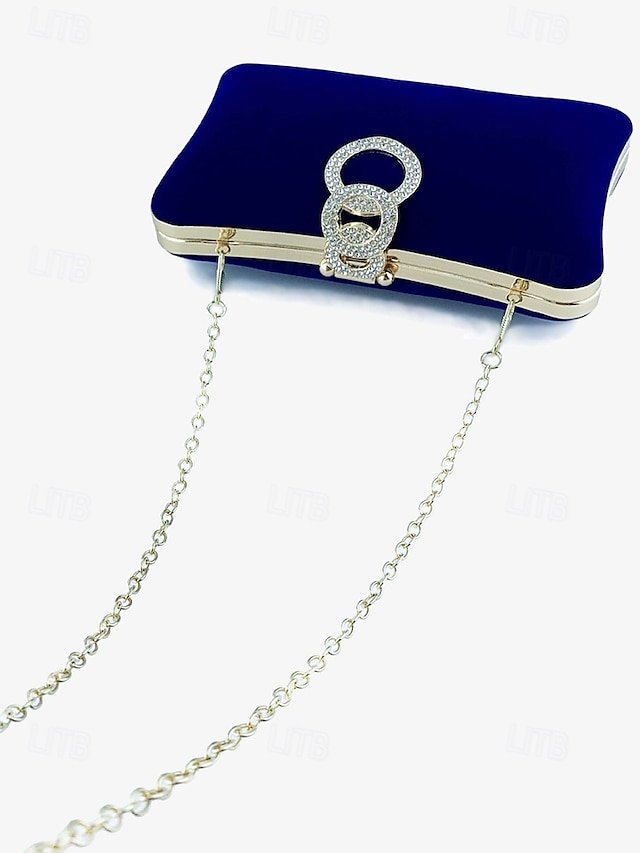 Women’s Elegant Blue Velvet Clutch Bag with Rhinestone Ring - Image 5
