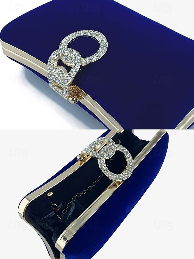 Women’s Elegant Blue Velvet Clutch Bag with Rhinestone Ring - Image 6
