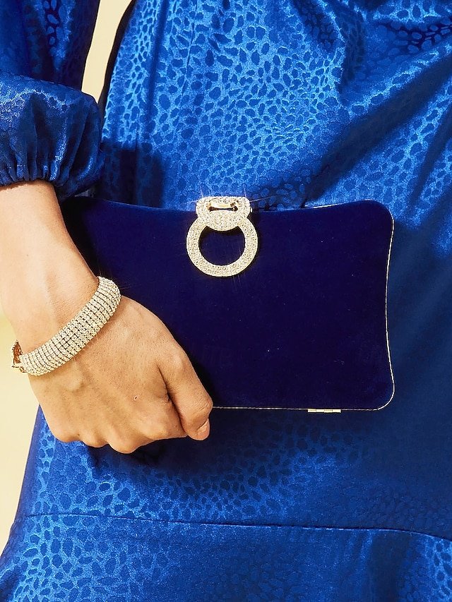 Women’s Elegant Blue Velvet Clutch Bag with Rhinestone Ring - Image 8