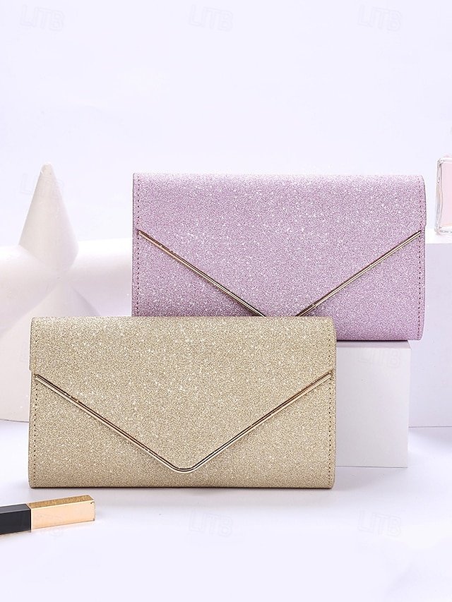 Women’s Gold Glitter Envelope Clutch with Chain Strap