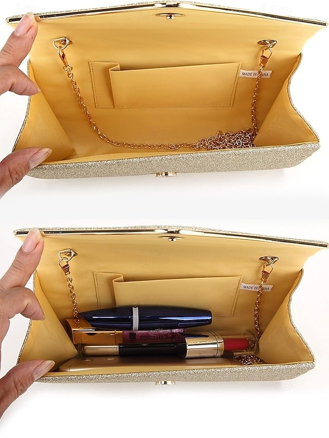 Women’s Gold Glitter Envelope Clutch with Chain Strap - Image 4