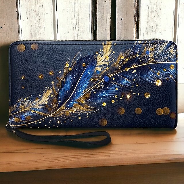 Women’s Large Capacity Wallet with Gilded Feather Print - Image 3