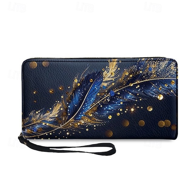 Women’s Large Capacity Wallet with Gilded Feather Print - Image 4