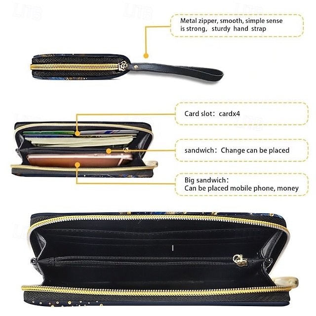 Women’s Large Capacity Wallet with Gilded Feather Print - Image 6