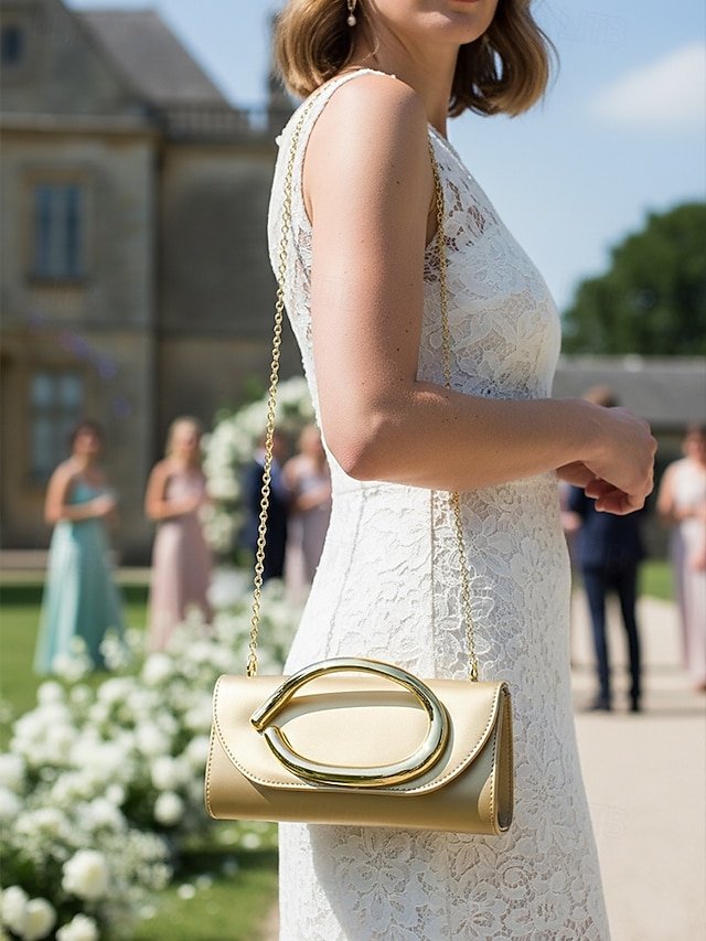 Women’s Metallic Evening Clutch Bag with Gold Handle - Image 2