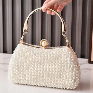 Women’s Pearl Beaded Evening Clutch Bag with Gold Handle