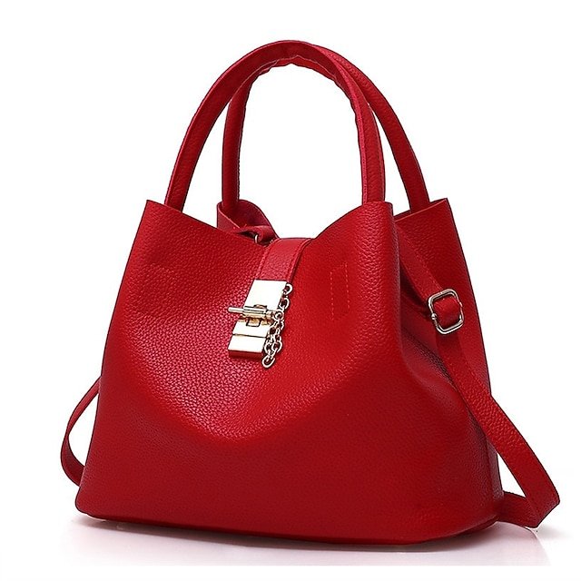 Women’s Red Faux Leather Handbag with Gold Lock and Chain