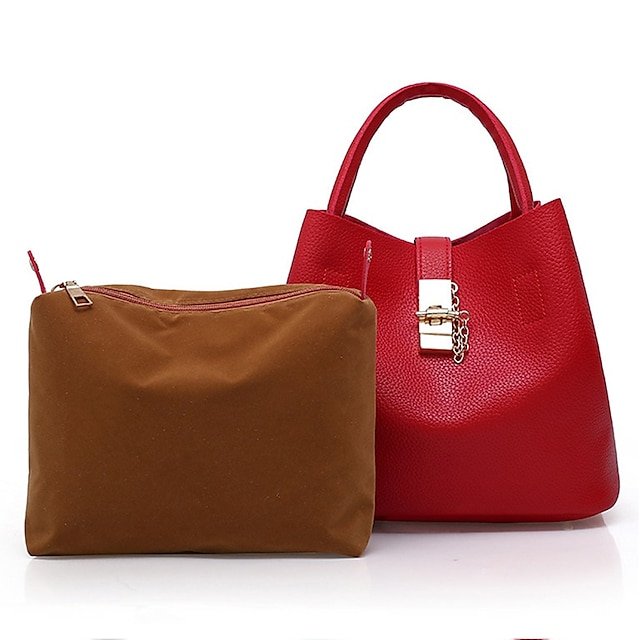 Women’s Red Faux Leather Handbag with Gold Lock and Chain - Image 3