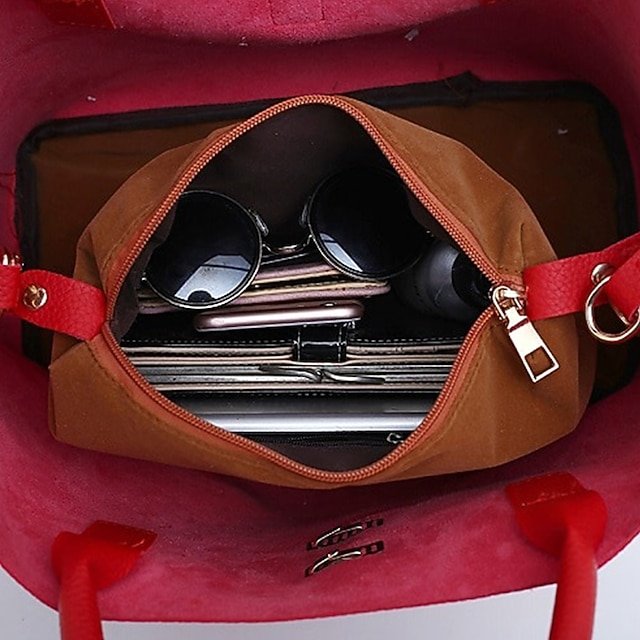 Women’s Red Faux Leather Handbag with Gold Lock and Chain - Image 4