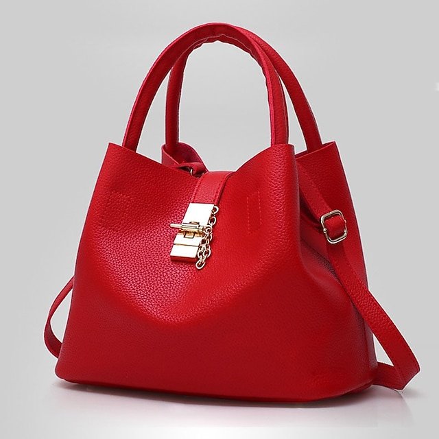 Women’s Red Faux Leather Handbag with Gold Lock and Chain - Image 6
