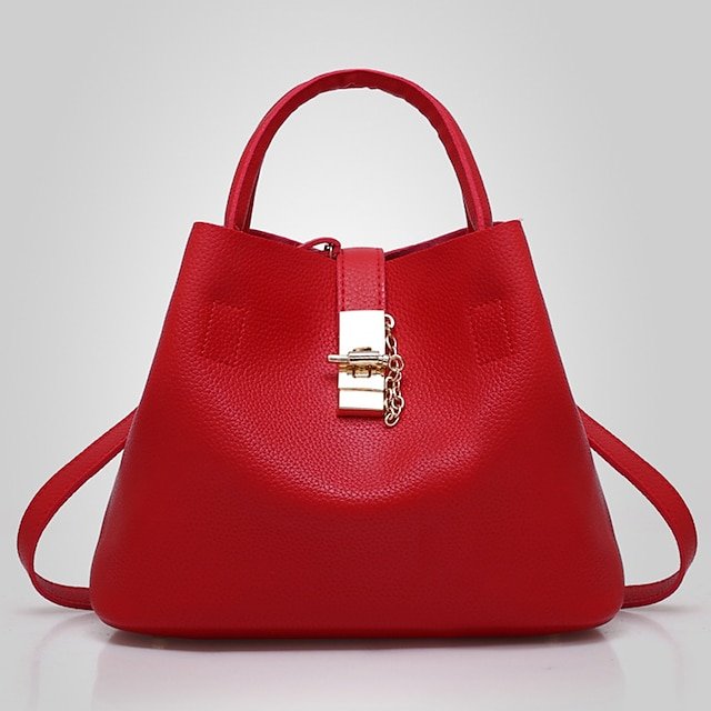 Women’s Red Faux Leather Handbag with Gold Lock and Chain - Image 7