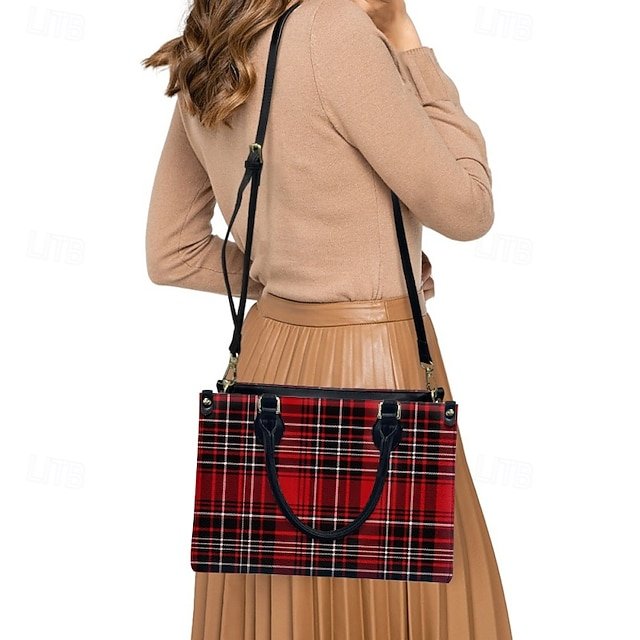 Women’s Red Tartan Plaid Handbag with Adjustable Strap - Image 2