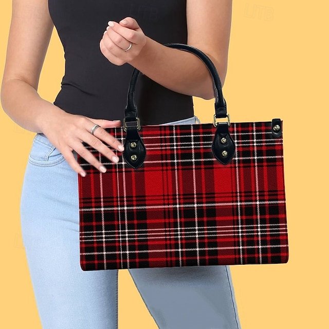 Women’s Red Tartan Plaid Handbag with Adjustable Strap - Image 3