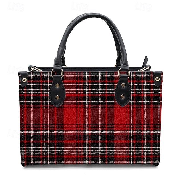 Women’s Red Tartan Plaid Handbag with Adjustable Strap - Image 4
