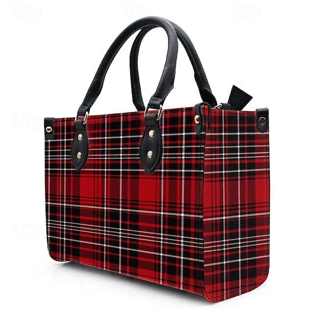 Women’s Red Tartan Plaid Handbag with Adjustable Strap - Image 5