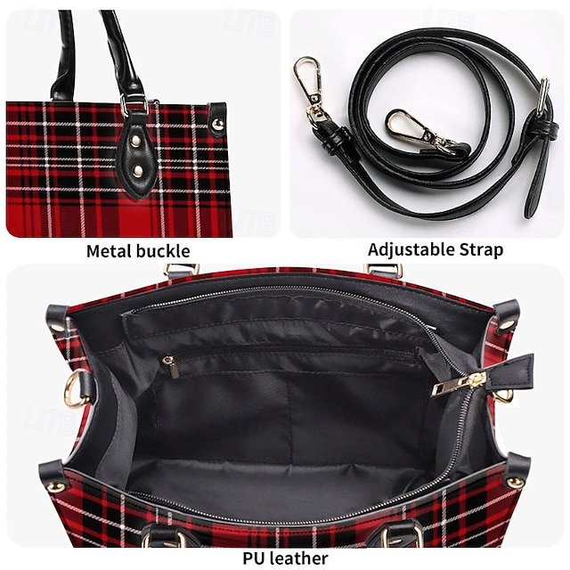 Women’s Red Tartan Plaid Handbag with Adjustable Strap - Image 6