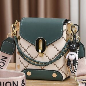 Women’s Trendy Plaid Mini Shoulder Bag with Bear Charm