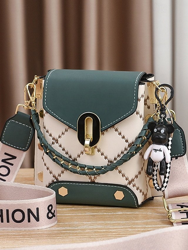 Women’s Trendy Plaid Mini Shoulder Bag with Bear Charm