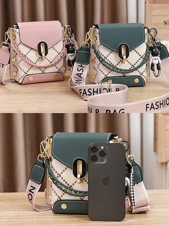 Women’s Trendy Plaid Mini Shoulder Bag with Bear Charm - Image 3